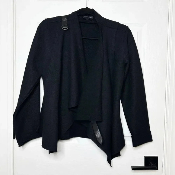 EILEEN FISHER 100% Wool Black Drape Leather Buckle Jacket Size‎ Small Minimalist - Picture 1 of 5
